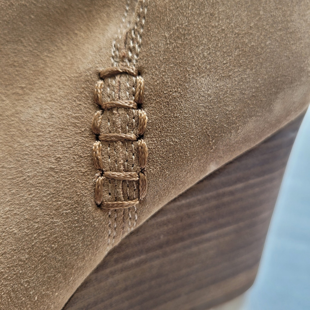 NWOB Lucky Brand Yimme Suede Ankle Wedge Bootie oatmeal Brown 8.5M/39 - Picture 4 of 8